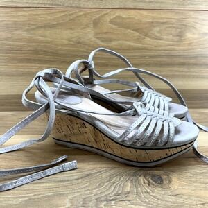 Frye Carly Strappy Wedge Sandals 6 M Light Gray Tie